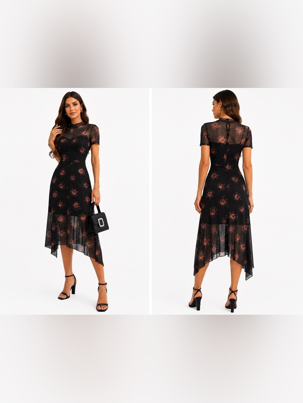 Express Women’s Black Sheer Mesh Floral Midi Dress Size S